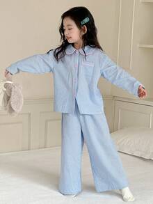 DAZY 2 件套女童休闲长袖上衣和裤子家居服套装，秋季 - 藍色 - 查看 8