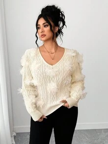 Elenzga Plus Size Women V-Neck 3D Floral Long Sleeve Pullover Sweater, Autumn Fall Winter Cloth For Women