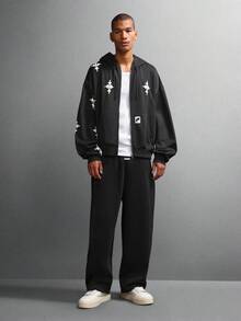 SUMWON 图形十字设计全拉链连帽衫中世纪哥特式图案冬季休闲街头服饰秋季时尚拉链前部运动衫，带中央口袋 - 黑色 - 查看 8