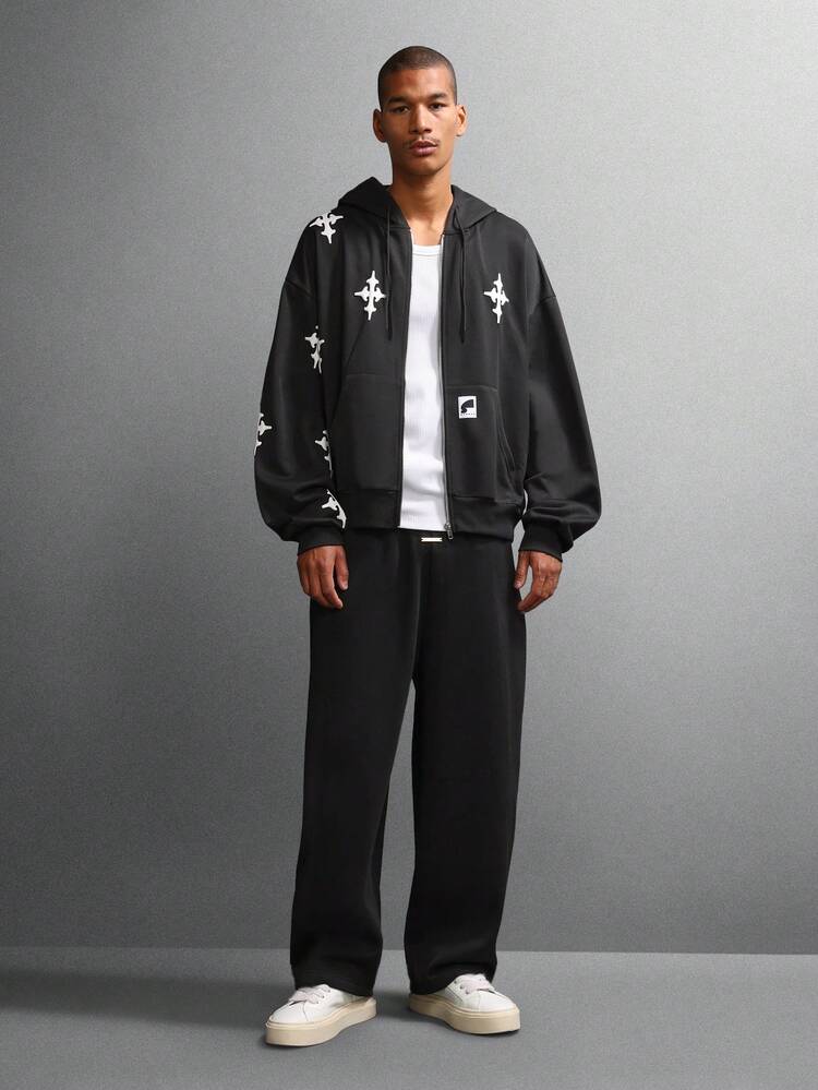 Gothic Cross Pattern Full Zip Hoodie With Centre Pocket