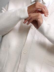 SUMWON Classic V Neck Knit Cardigan Button Front Ribbed Trim Pockets Fall Winter Essential Layering Knitwear Casual Business Elegant Sweater - Apricot - View 4