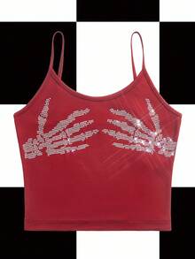 Shutterstock Y2Kool Débardeur femme avec décoration de main de squelette en strass, top court main de squelette, top court strass, top court strass rouge, top court main en cristal, top court rouge, collection assortie décontractée et à la mode pour le Nouvel An - Rouge foncé - Voir 1