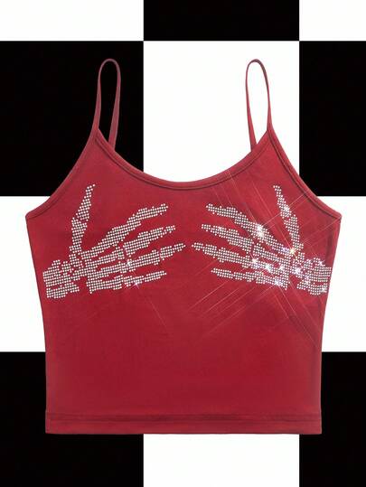 Shutterstock Y2Kool Camiseta de tirantes con decoración de mano de esqueleto con rhinestones, top corto de mano de esqueleto, top corto con rhinestones, top corto rojo con rhinestones, top corto con cristal en forma de mano, top corto rojo, idea de combinación casual, colección de ropa elegante, nuevos atuendos de Año Nuevo
