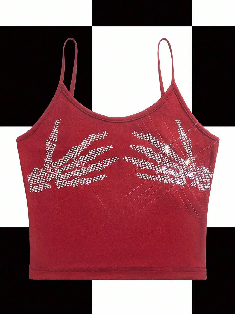 Shutterstock Y2Kool Débardeur femme avec décoration de main de squelette en strass, top court main de squelette, top court strass, top court strass rouge, top court main en cristal, top court rouge, collection assortie décontractée et à la mode pour le Nouvel An - Rouge foncé - Voir 1