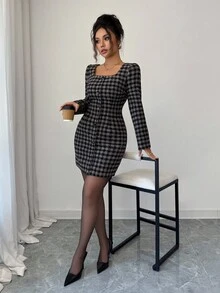 Elenzga Women's Elegant Vintage Black & Coffee Plaid Woolen Fabric Fitted Short Dress With Square Collar, Autumn/Winter - Multicolor - View 6