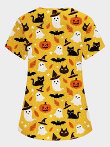 PopScrub Seragam Kerja Perawat/Dokter Lengan Pendek Leher V Bertema Halloween - Jeruk - View 2