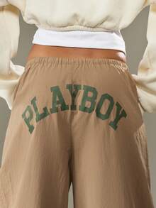 Missguided x Playboy 阔腿工装裤，腰部有抽绳，配有侧袋，适合休闲街头服饰 - 卡其色 - 查看 4