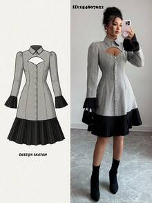 Elenzga Peplum Hem Splice Long Sleeve Short Dress Fall Cloth For Women - Black and White - View 4