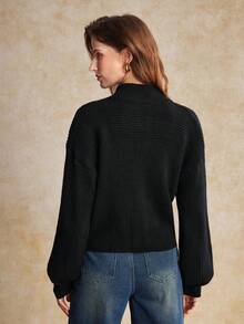 House of One Zip-Up Mock Neck Oversized Black Sweater Women Casual Autumn Winter