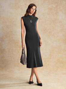 House of One Mock Neck Cap Sleeve Fit And Flared Knit Dress Women Summer Autumn Casual Midi Dress