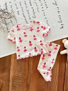 SHEIN LMoss Kids Dozemod 儿童新生女婴可爱卡通图案荷叶边圆领短袖针织柔软睡衣套装，2 件