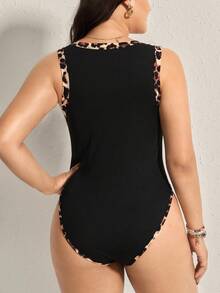 Comfylo Plus Size Leopard Print Patchwork Black Bodysuit Holiday Outfit Thanksgiving Outfit Women New Years Women Outfit