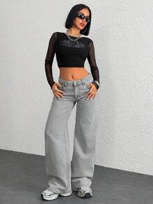EURMUSE WOMEN CLASSIC LOW WAIST WIDELEG FIT LIGHT GRAY COLOR JEAN LONG LENTH BLACK BUTTON DETAIL - Light Grey - View 3