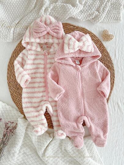 2 件新生儿粉色条纹套装，带可爱蝴蝶结，舒适连体衣，适合室内外穿着，冬季