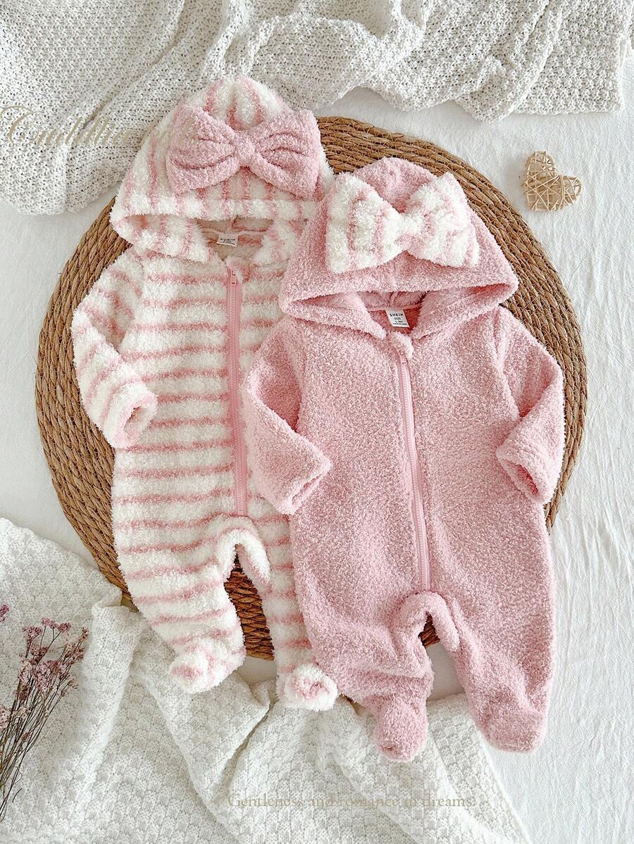 2 件新生儿粉色条纹套装，带可爱蝴蝶结，舒适连体衣，适合室内外穿着，冬季 - 粉色 - 查看 1