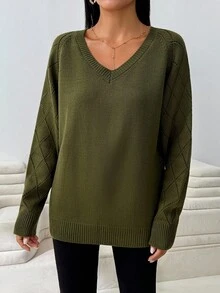 EURMUSE Áo len cổ tròn dệt kim gân cỡ nhỏ thường ngày cho nữ - Màu Khaki - Xem 3