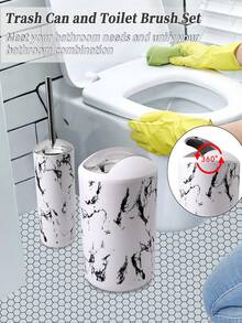 5PCS/9PCS Marble Pattern Bathroom Accessories Set, Including Toothbrush Holder, Soap Dispenser, Soap Dish, Tumbler, Refillable Bottles, Trash Can And Toilet Brush Home Bathroom Decor Fall Decor Back To School