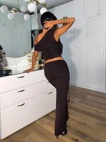 Ronhire 不对称褶皱斜肩上衣和高开叉褶皱低腰裙夏季套装，女装，粉色，女士优雅不对称，褶皱，开叉大腿无袖修身咖啡棕色蝙蝠袖裙女两件套服装，春夏，休闲日常穿着