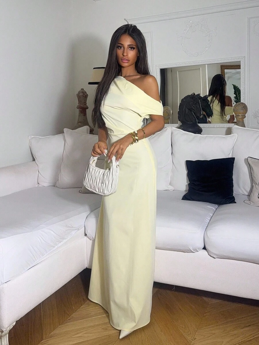 Ronhire Elegant Asymmetric Shoulder Ruched Waist A-Line Dress, Minimalist Commuting Solid Color Slimming Dress,Summer Dresses For Women Dresses For Wedding Event