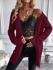 EMERY ROSE Cárdigan largo de manga larga con hombros caídos y unicolor para mujer, otoño - Burdeos - Ver 3