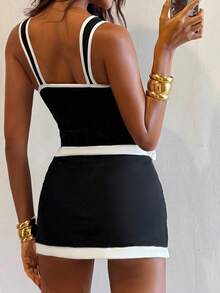 Bonvoyette 2 件套女士纯色撞色镂空连体泳衣 + 沙滩罩裙，时尚度假风格 - 黑與白 - 查看 2