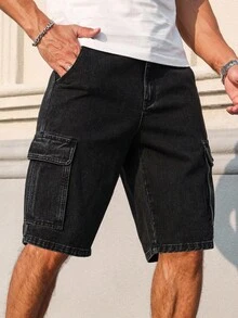QuarKem 男士宽松牛仔工装短裤，带多个口袋，夏季牛仔短裤，外出休闲纯黑色牛仔短裤，适合丈夫、男朋友的礼物 - 黑色 - 查看 3