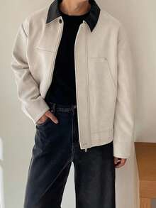 DAZY Men's Patchwork Collar Suede Fabric Beige Jacket And Coat, Autumn