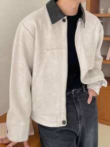 DAZY Men's Patchwork Collar Suede Fabric Beige Jacket And Coat, Autumn