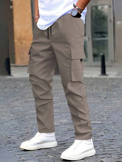 Manfinity Homme Men's Solid Color Drawstring Waist Cargo Pocket Casual Pants, Fall