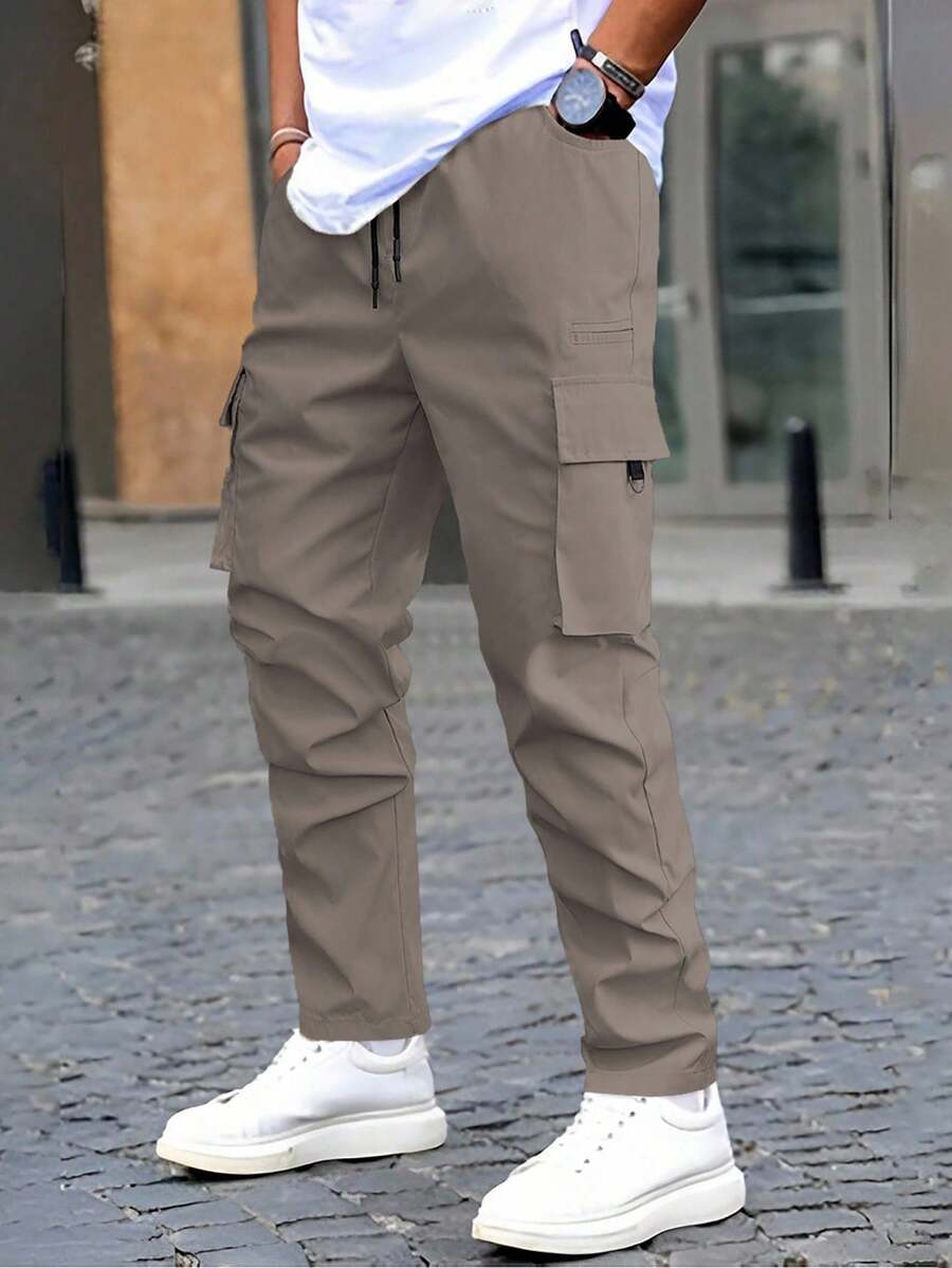 Manfinity Homme Men's Solid Color Drawstring Waist Cargo Pocket Casual Pants, Fall - Khaki - View 1