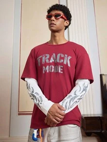 SWAVVY Men's Letter Print Round Neck Red Long Sleeve 2 In 1 T-Shirt, For Fall - Burgundy - View 4