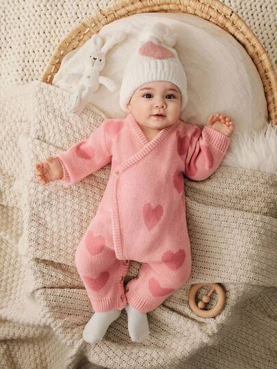 Cozy Pixies Newborn Baby Girl Colorblock Heart Pattern Knit Soft V-Neck Sweater & Long Pants Set,In Fall/Winter