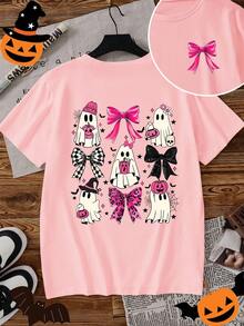 万圣节鬼魂、蝴蝶结、南瓜印花前后T恤，女童和幼儿短袖圆领上衣 - 粉色 - 查看 2