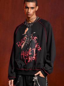 ROMWE MEN A Nightmare on Elm Street X ROMWE Men's Casual Daily Letter & Figure Graphic Crew Neck Sweatshirt , Fall - Black - View 4