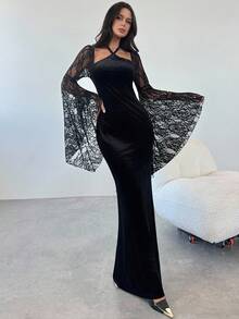 Firerie Elegantes, anspruchsvolles und würdevolles Gothic-Samt-Spitzen-Bodycon-Abendkleid mit hohem Schlitz, Neckholder-Ausschnitt, lange schwarze Kleider, Gothic-Kostüme für Halloween-Partys, elegante Abendkleider für Feiern - Schwarz - Übersicht 3