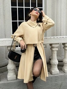 Firerie Women's Casual Commute Daily Fashion New Modern Urban Asymmetric Cinched Waist Waist A-Line Long Sleeve Khaki Mid-Length Trench Coat Fall Winter Clothes For Women Women's Winter Coat Women's Winter Jacket Fall Outfits For Women