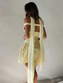 Aloruh Women's Off Shoulder Ruffle Hem Fashionable Mini Dress, Light Yellow - Light Yellow - View 2