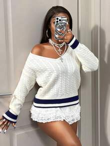 BamGleam Women's V-Neck Striped Long Sleeve Knit Sweater, Sporty Chic Style, Autumn/Winter - White - View 4