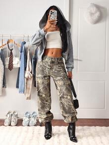 SHEIN Tall Tall Waist Maple Leaf Camouflage Print Washed Straight Leg Jeans - Multicolor - View 5