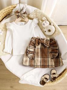 Vintaside Kids 3件套女婴休闲乡村风白色罗纹圆领荷叶边上衣、卡其色格子裙和蝴蝶结发带套装，适合日常穿着，秋冬季女婴服装 - 彩色 - 查看 2