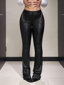 Jeanoix Pantalones acampanados negros de cuero sintético con cordones y calados, para mujer - Negro - Ver 1