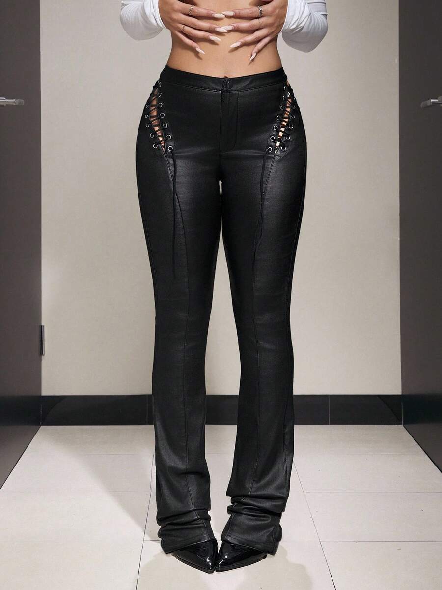 Jeanoix Pantalones acampanados negros de cuero sintético con cordones y calados, para mujer - Negro - Ver 1