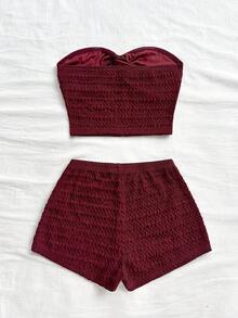 Soleia 女士纯色简约日常穿搭抹胸短裤两件套 - 酒紅色 - 查看 2