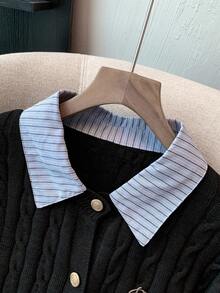 Franclia Fashionable Blogger-Inspired 2 In 1 Patchwork Knit Cropped Cardigan, European And American Style Cable Knit Cardigan Preppy Clothes Women Button Up Cardigan Collared Cardigan Cardigan Sweater