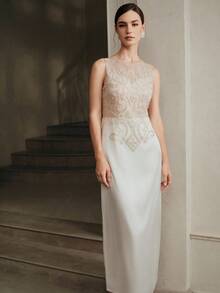 Anewsta 女式新款优雅时尚串珠拼布无袖节日连衣裙