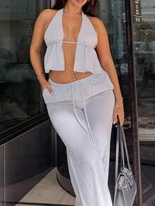 NegzBox 2 Pcs/Set Women's Blue & White Striped V-Neck Backless Halter Top And High Waist Drawstring Wide Leg Pants, Cotton, Fashionable Casual Leisure Wear, Spring/Summer - Grey - View 4