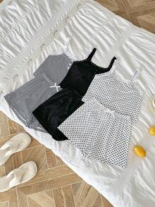 SHEIN 3件套：休闲修身仿门襟蕾丝拼布多色印花吊带短裤女童睡衣 - 彩色 - 查看 3