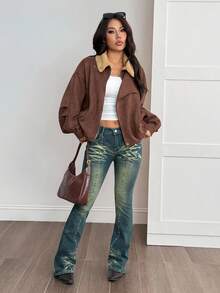 SHEIN PETITE Áo khoác cổ điển thường ngày dành cho nữ, Thu/Đông - màu nâu - Xem 8
