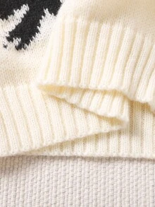 SHEIN Vestido suéter feminino 1 peça, estilo fofo, estampa jacquard com laço preto, gola redonda, manga regular, punho e bainha franzidos, espessura regular, vestido de malha elegante na cor marfim, caimento elegante e elegante, adequado para primavera, outono e inverno