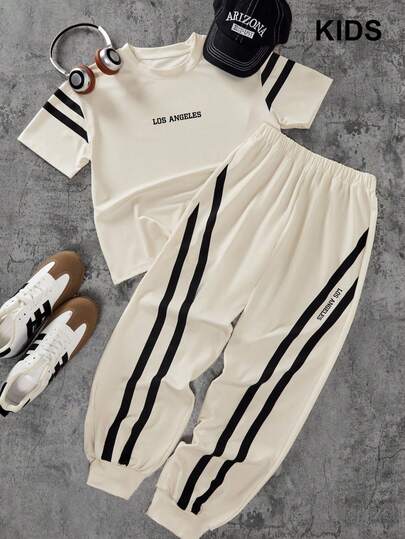 PAVTROS 2 piezas Set de camiseta con cuello redondo casual y pantalón jogger con diseño lateral para niños, adecuado para uso diario, exterior y verano, primavera/verano